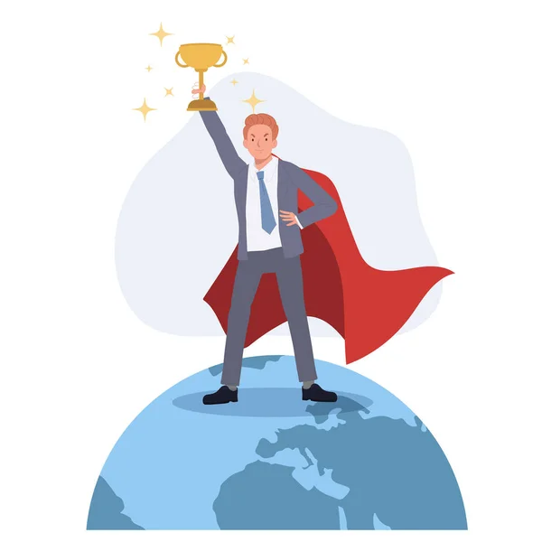 Businessman Superhero Award Prize Trophy Winner Earth Winner Achievement Victory — Vetor de Stock