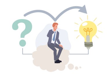 Businessman is thinking on bubble connect question mark to lightbulb solution. Problem solving skill,finding solution to solve problem, answer question