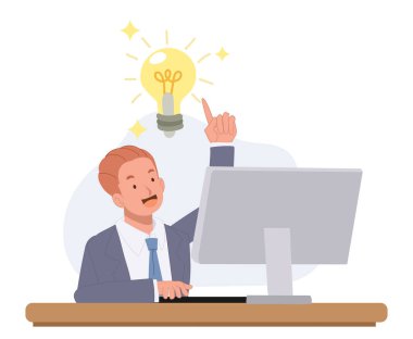 Businessman is working and got an ideas , lightbulb. Flat vector illustration