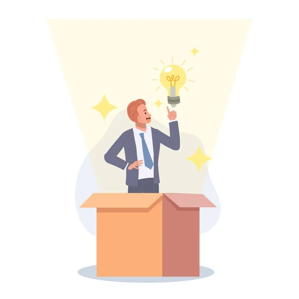 Businessman Get Out Paper Box New Lightbulb Idea Think Box — Vetor de Stock