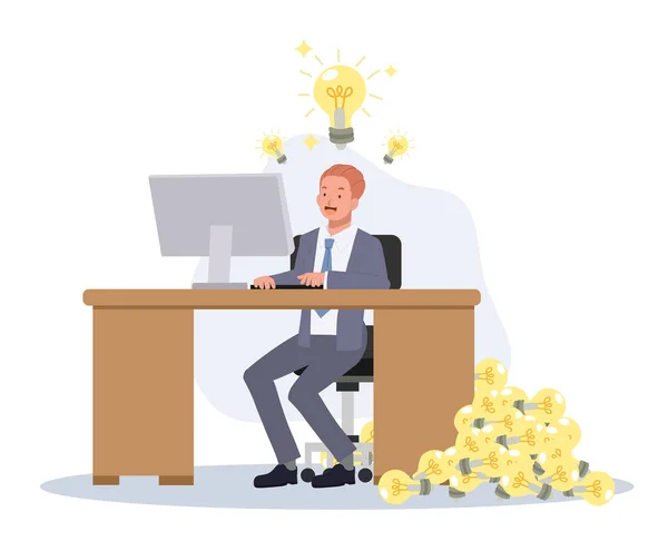 Happy Businessman Working Got Lot Ideas Light Bulb Working Creation — Vettoriale Stock