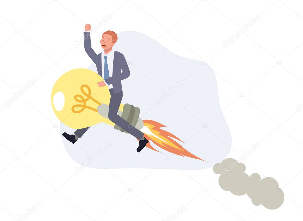 Businessman sits on flying rocket light bulb. Creative idea or inspiration concept. vector illustration.