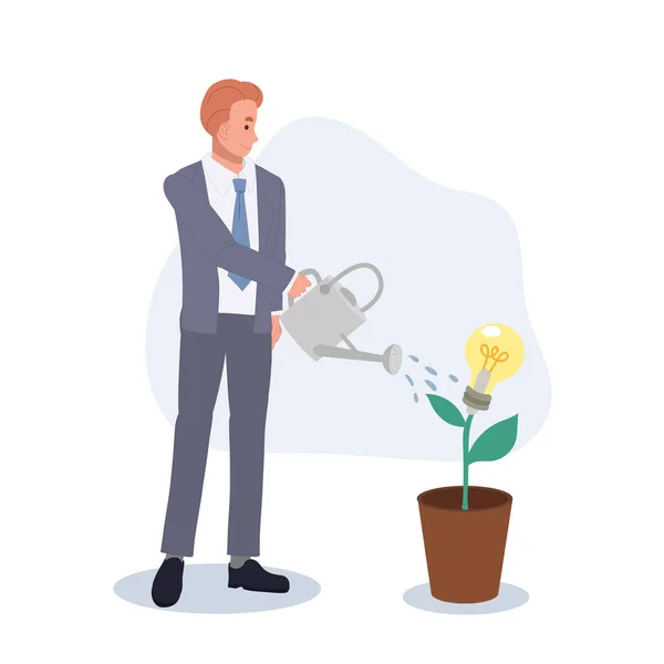 Businessman Watering Seedling Plant Lightbulb Idea Flower Grow New Idea — Vetor de Stock