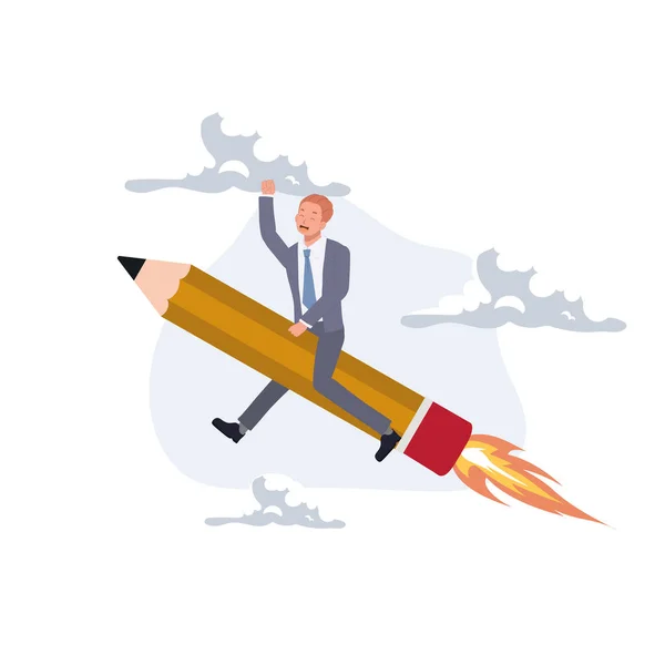 Businessman Riding Pencil Rocket Flying High Sky Creativity Idea Concept — Vettoriale Stock
