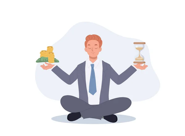 Businessman Found His Balance Time Money Businessman Meditation Vector Illustration — Stockvector