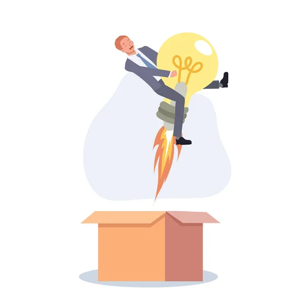 Businessman Pop Out Box Rocket Lightbulb Think Box Concept Creativity — Stockvector