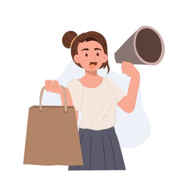 woman as a shopper use megaphone to announce sale festival. shopping concept. Vector illustration