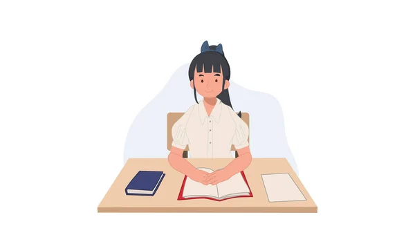 Girl Student Uniform Sitting Classroom Asian Student Vector Illustration — Stockvektor