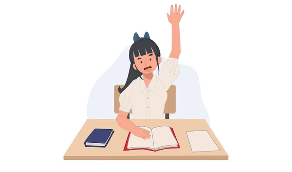Girl Student Uniform Raise Her Hand Asking Question Answering Classroom — Stok Vektör