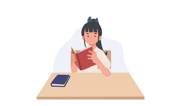 Ένα Κορίτσι Φοιτητική Στολή Διαβάζει Ένα Βιβλίο Ασιάτης Φοιτητής Εικονογράφηση — Διανυσματικό Αρχείο