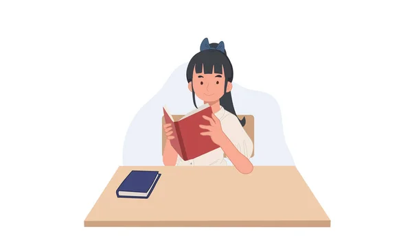 Girl Student Uniform Reading Book Asian Student Vector Illustration — Image vectorielle