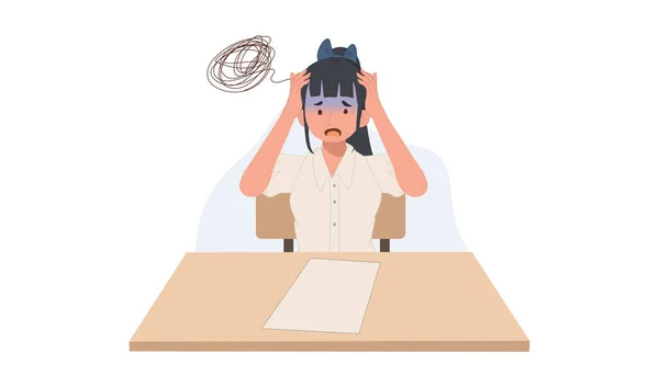 Girl Student Uniform Got Headache Doing Exam Student Girl Can — Stock vektor