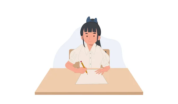 Girl Student Uniform Doing Exam Asian Student Vector Illustration — Vetor de Stock