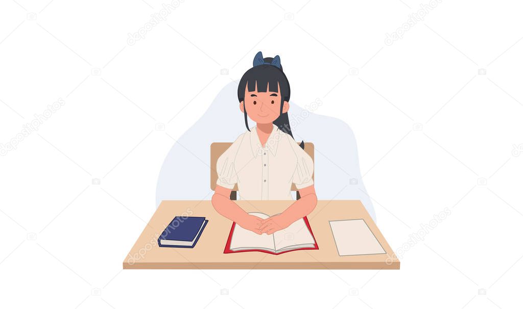girl in student Uniform is sitting in the classroom. Asian student. Vector illustration.
