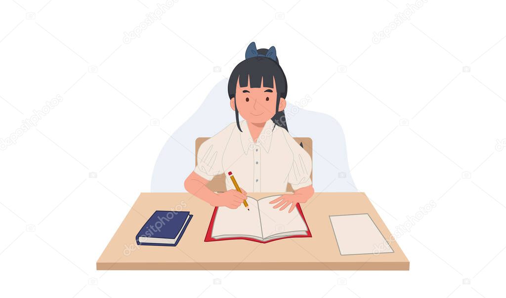 girl in student Uniform is learning in classroom.lecturing. taking note in book. Asian student. Vector illustration.