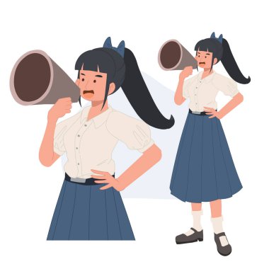 Thai student girl is using a megaphone to announce something. learning, education concept. Vector illustration