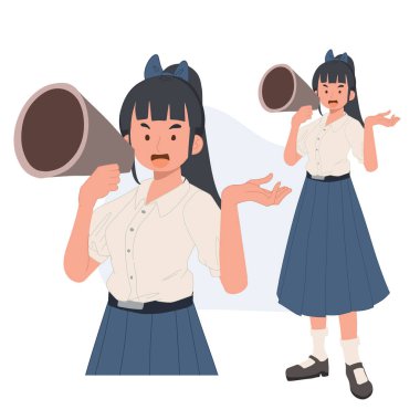 Thai student girl is using a megaphone to announce something. learning, education concept. Vector illustration