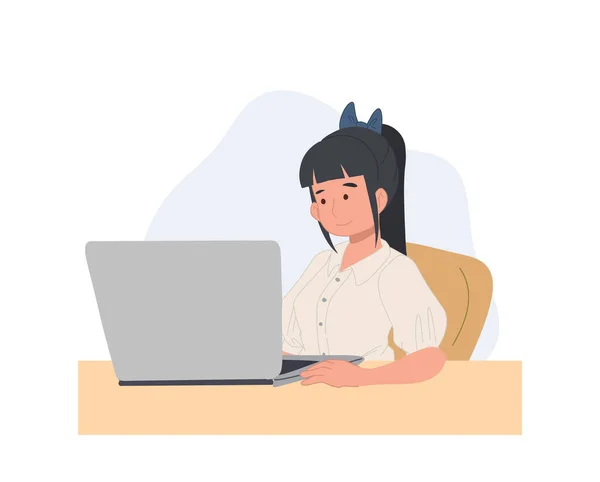 Students Girl Sitting Laptop Surf Internet Use Social Media Flat — Stockvector