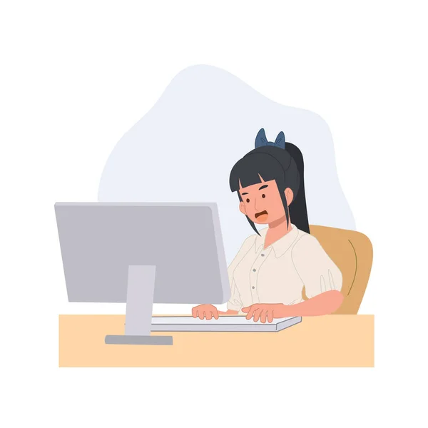 students girl sitting with PC, surf internet, use social media. Flat vector illustration.