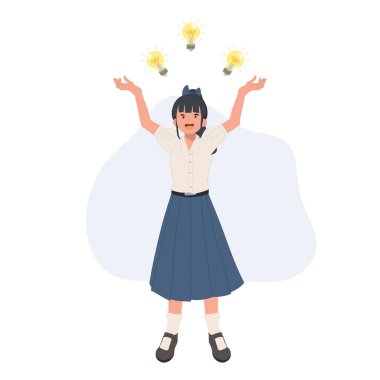 thinking concept, idea innovation, cute Thai student girl with many lightblup above. vector illustration