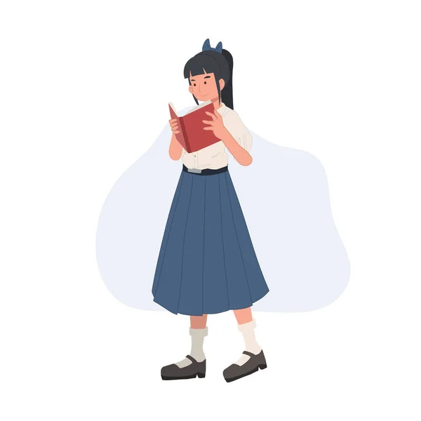 Full Length Cute Thai Student Girl Focus Reading Text Book — Stok Vektör