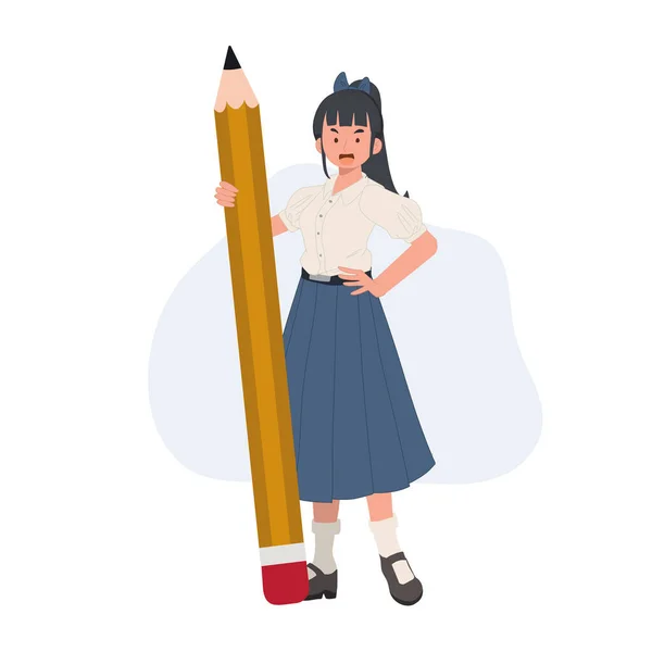 Cute Thai Student Girl Holding Big Pencil Vector Illustration — Stock Vector