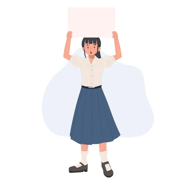 Cute Thai Student Girl Holding Banners Head Blank Sign Vector — 스톡 벡터