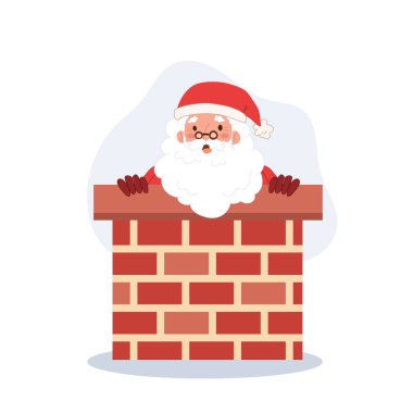 Santa claus with sack of gift box is tring to get in chimney. Vector illustration.