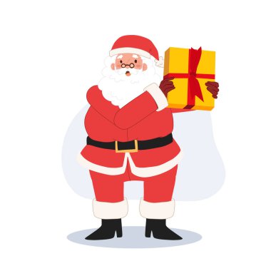 Happy Santa claus is showing gift box. Vector illustration.