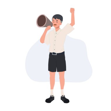 Thai student boy is using a megaphone to announce something. learning, education concept. Vector illustration