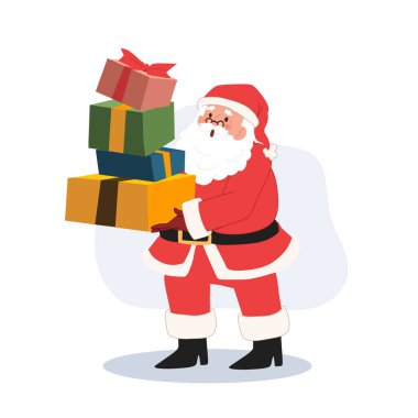 Happy Santa claus is holding a lot of gift box. Vector illustration.