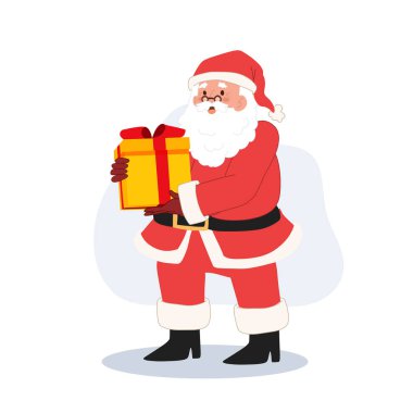 Happy Santa claus is holding gift box. Vector illustration.