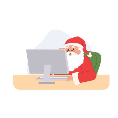 Santa claus is using computer. merry christmas. Vector illustration.