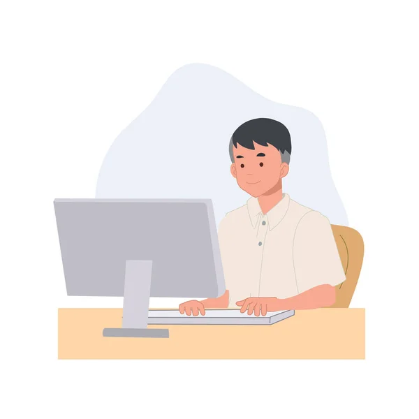 Students Boy Sitting Surf Internet Use Social Media Flat Vector — Vector de stock