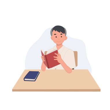 boy in student Uniform is reading a book. Asian student. Vector illustration.