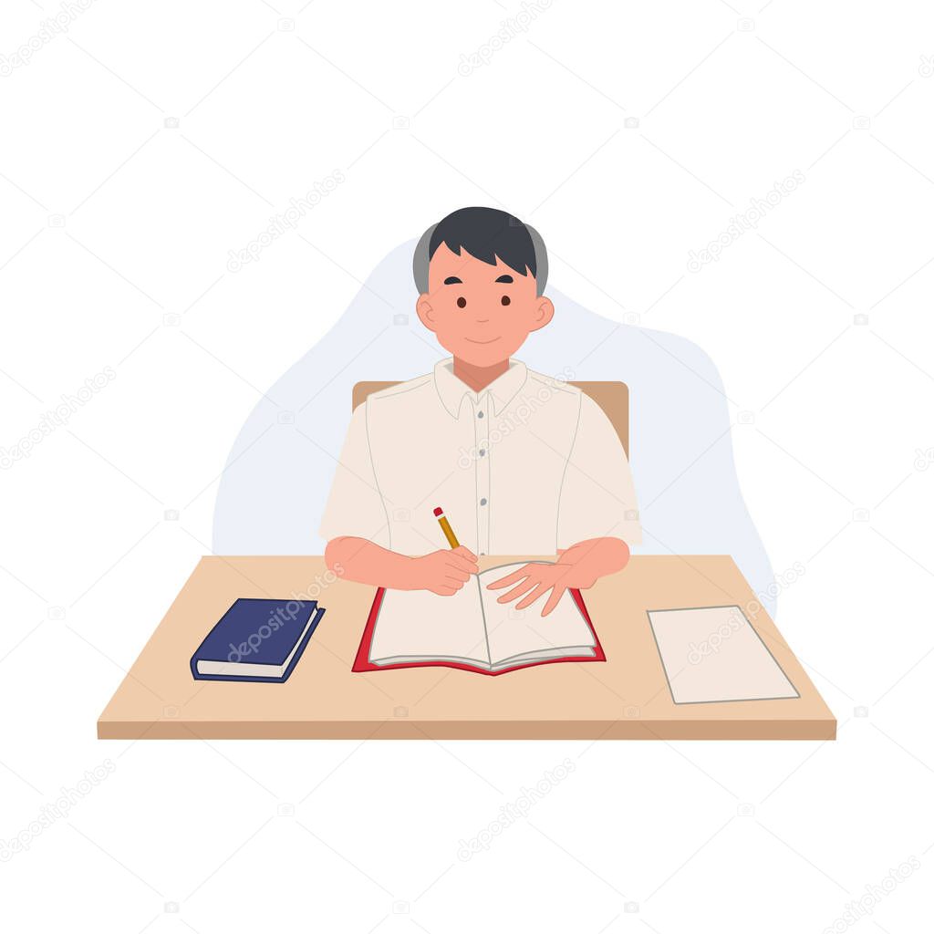 boy in student Uniform is learning in classroom.lecturing. taking note in book. Asian student. Vector illustration.