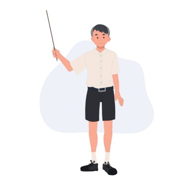 Asian student in school uniform. Thai student boy is holding a pointer. education presentation concept. vector illustration