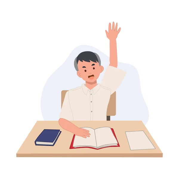 Boy Student Uniform Raise His Hand Asking Question Answering Classroom — Stockvector