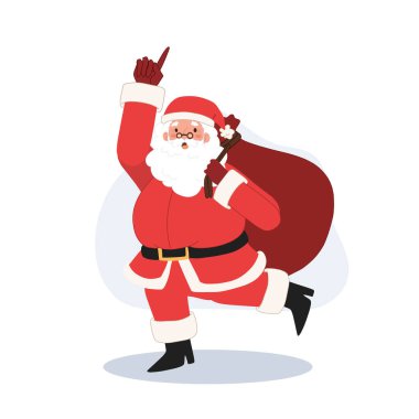 Happy Santa claus is carry a sack of gift is ready to work. cheer up. raise hand up. Vector illustration.