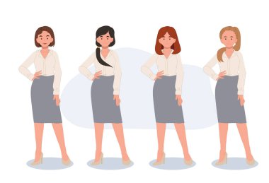 Set of diverse girls with different hairstyles in formal office worker dress up.