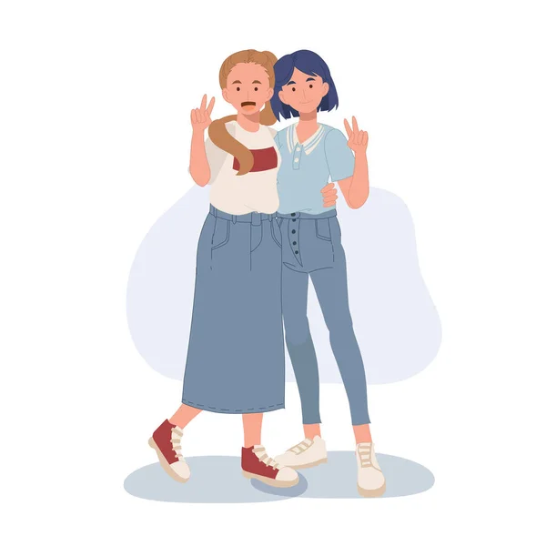 Best Friends Girls Friends Hug Together Best Friends Together Vector — Stock vektor