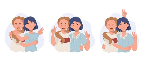 A set portrait of Best Friends Girls. friends hug together.Best friends together. vector illustration.