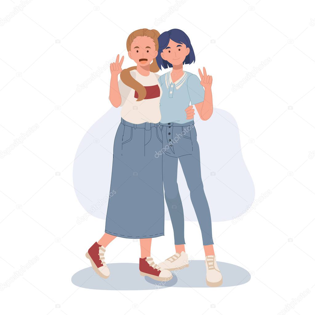 Best Friends Girls. friends hug together.Best friends together. vector illustration.