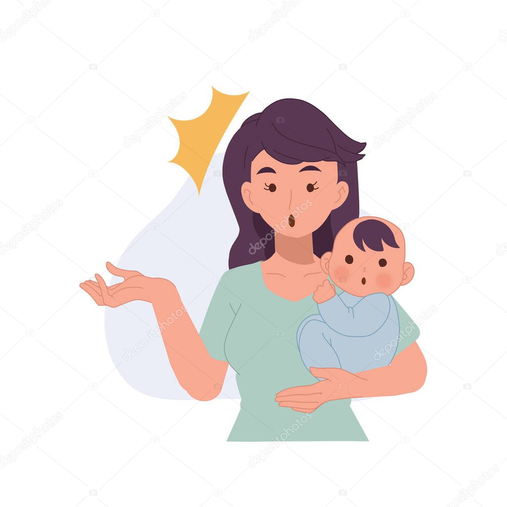 mother and child concept. mother is carrying baby on her arm notice something. vector illustration