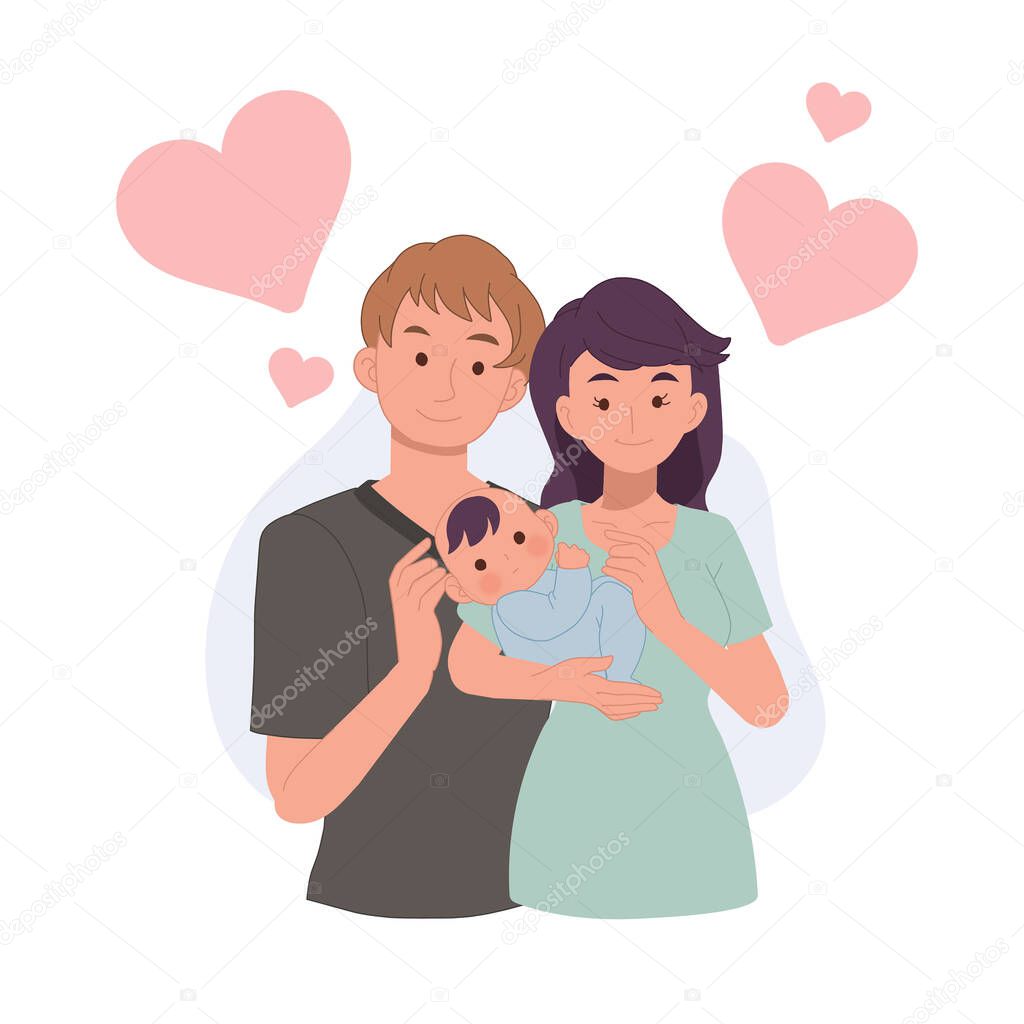 Happy family and childhood concept. a portrait of mother father and baby. vector illustration