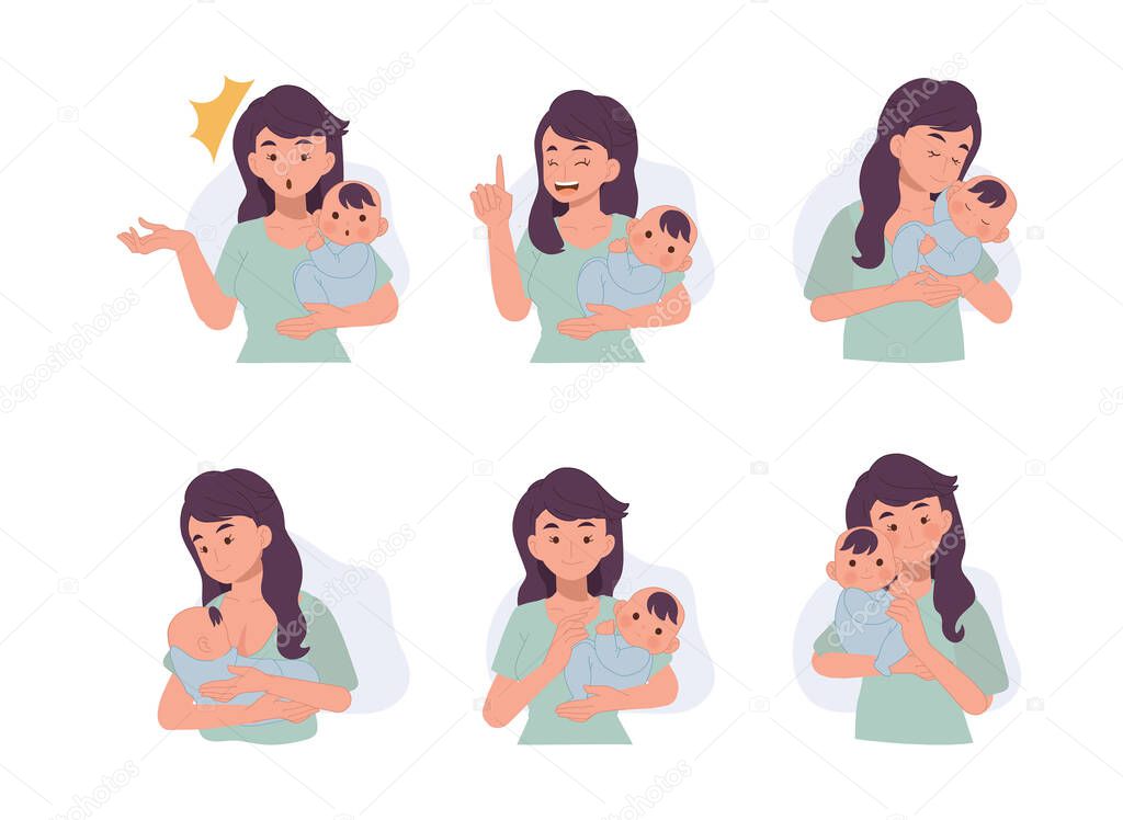mother and child concept. Set of  mother and baby in various gesture action. vector illustration