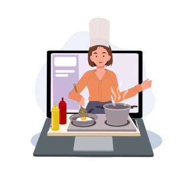 Çevrimiçi aşçılık kursları konsepti, aşçılık sınıfı servisi. Şef öğretmen mutfakta yemek hazırlıyor. İnternet okulu mobil uygulaması. Vektör illüstrasyonu