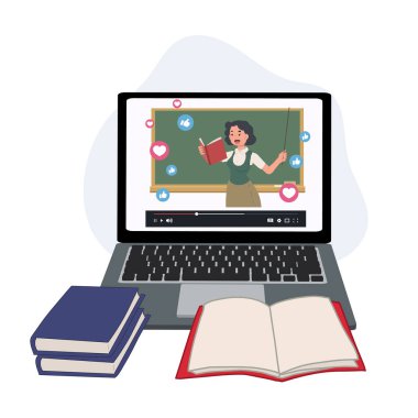 E-öğrenim, ev konseptinde online eğitim. Bayan öğretmen çevrimiçi öğretmenlik yapıyor. Vektör illüstrasyonu. 