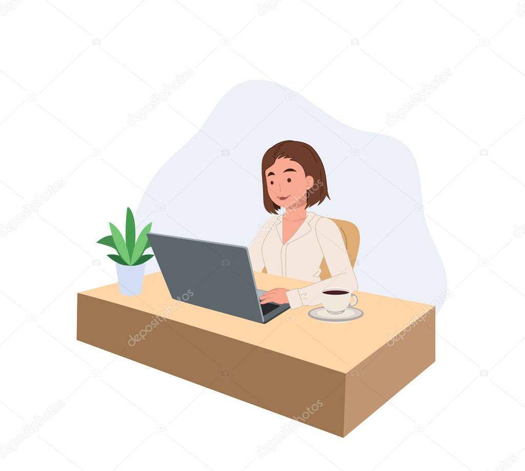 Business woman working on the laptop computer. vector illustration