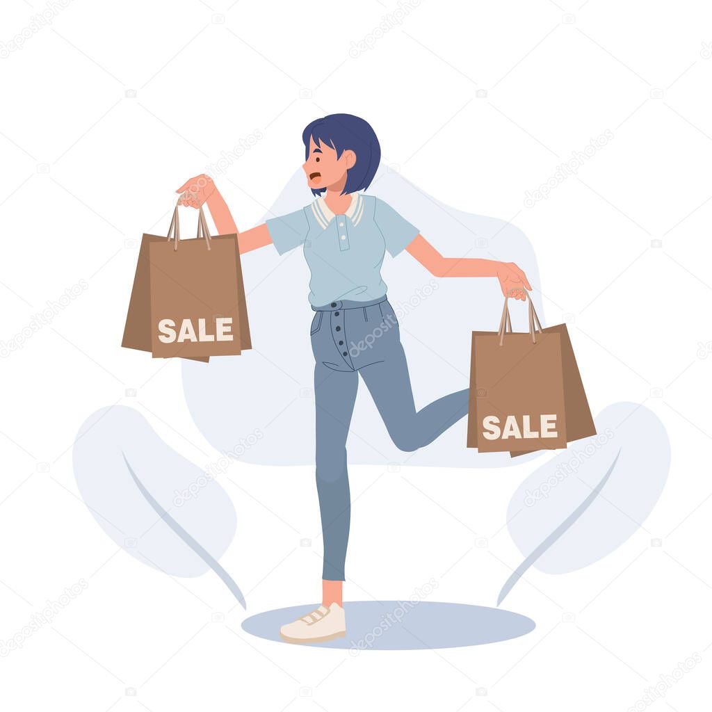 Happy Woman holding shopping bags. Shopping concept. sale promotion. Vector illustration